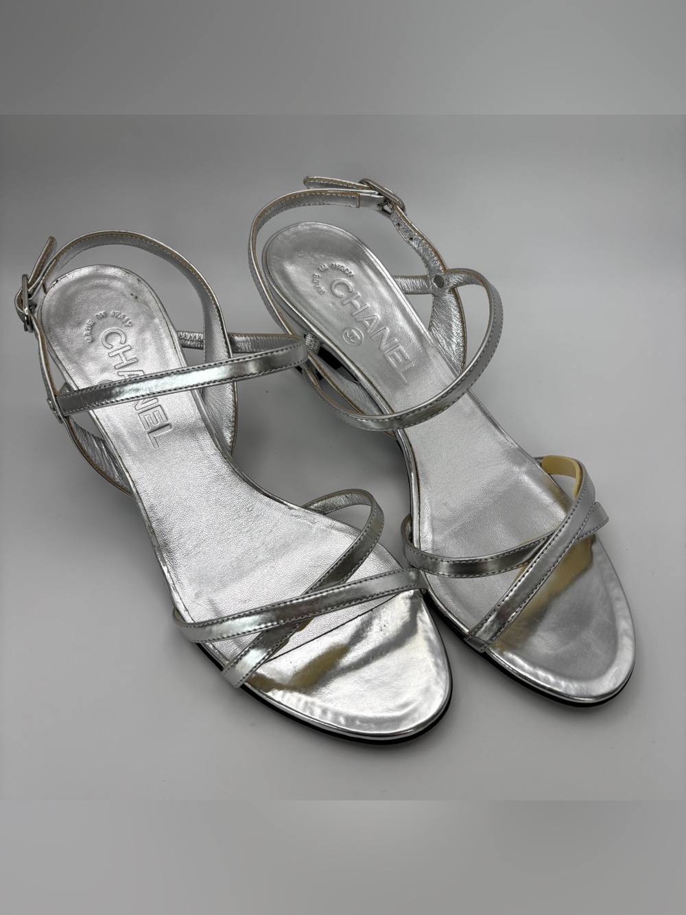 CHANEL Silver Metallic Leather Strappy Block Heel Sandals Slingback 36.5